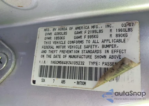 2007 Honda Accord Lx z USA, uszkodzony, nr VIN 1HGCM56497A105232